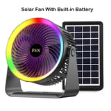 Portable Solar Fan Rechargeable Solar Powered Camping Fan Built-in Battery with RGB LED USB Ports Home Office Cooling Air Fan