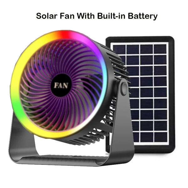 Portable Solar Fan Rechargeable Solar Powered Camping Fan Built-in Battery with RGB LED USB Ports Home Office Cooling Air Fan