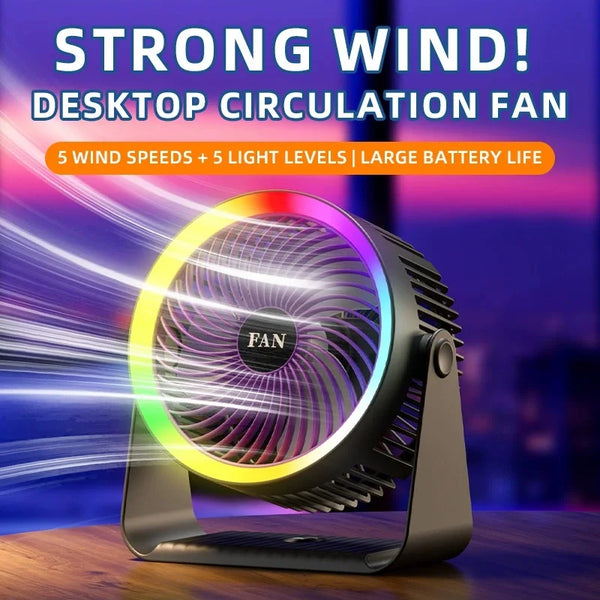Portable Solar Fan Rechargeable Solar Powered Camping Fan Built-in Battery with RGB LED USB Ports Home Office Cooling Air Fan