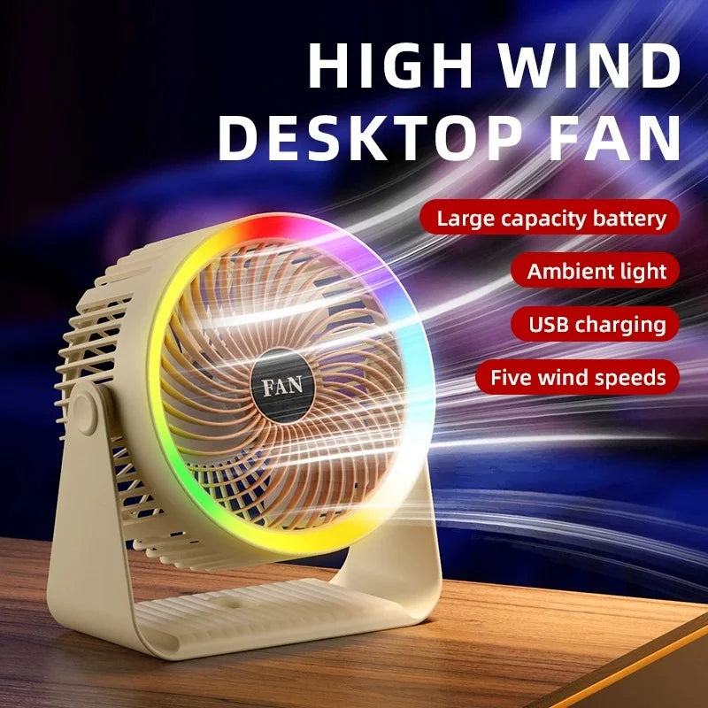 Portable Solar Fan Rechargeable Solar Powered Camping Fan Built-in Battery with RGB LED USB Ports Home Office Cooling Air Fan